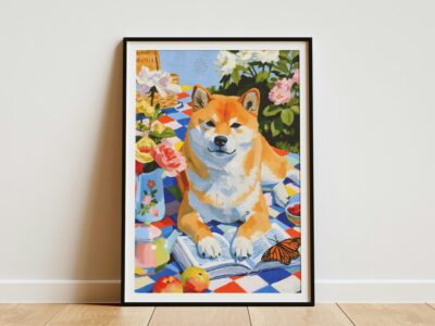 Shiba Inu Reading Book Picnic Scene Wall Art