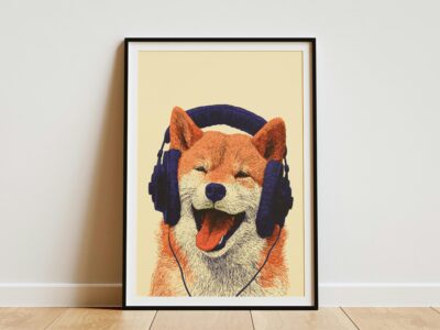 Shiba Inu Headphones Funny Music Portrait Wall Art